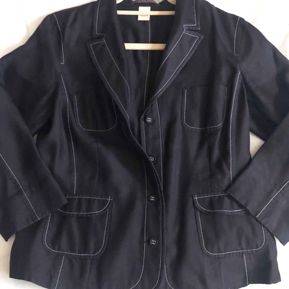 Sigrid Olsen 100% Silk Black Button Down collared pocket Blazer Jacket Sz 6